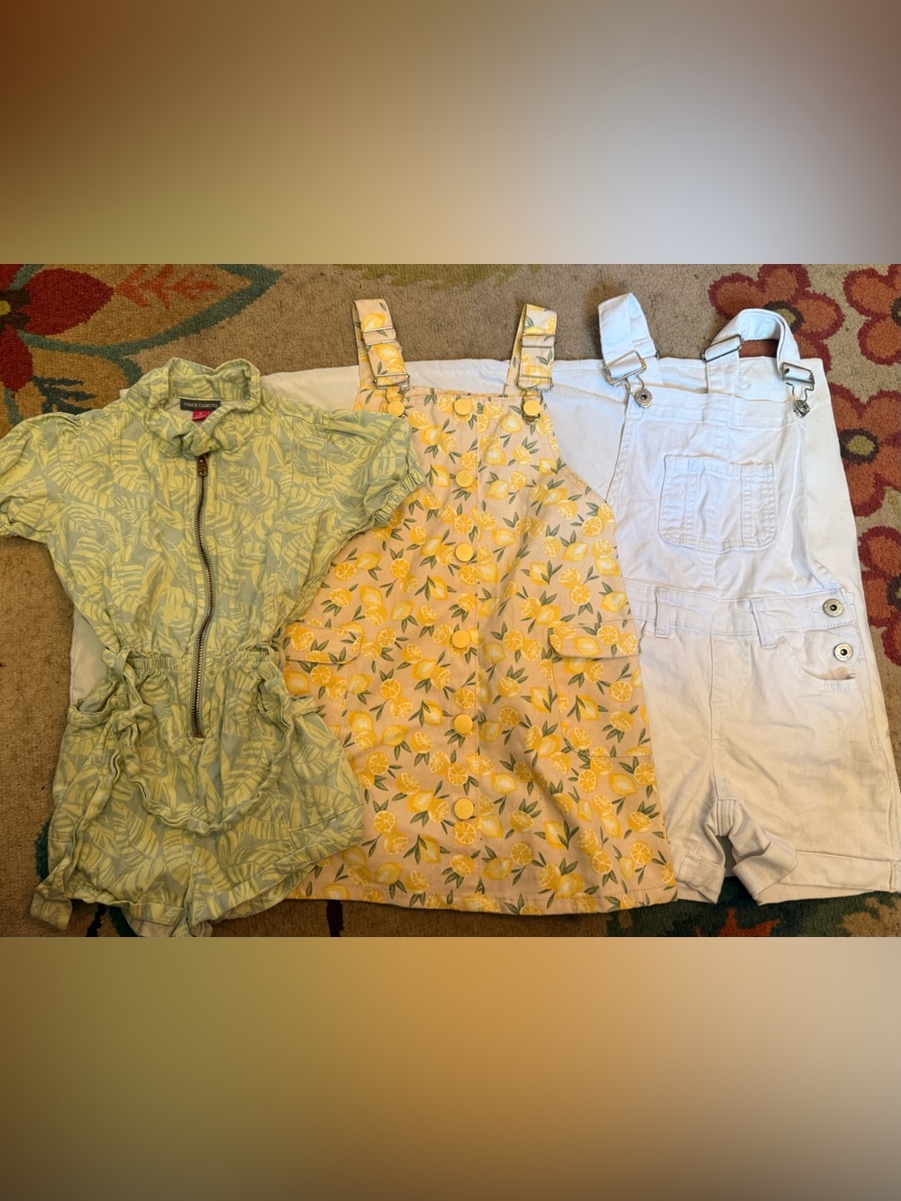 Girls Lemon overall Dress, white overalls, and floral one piece size 6